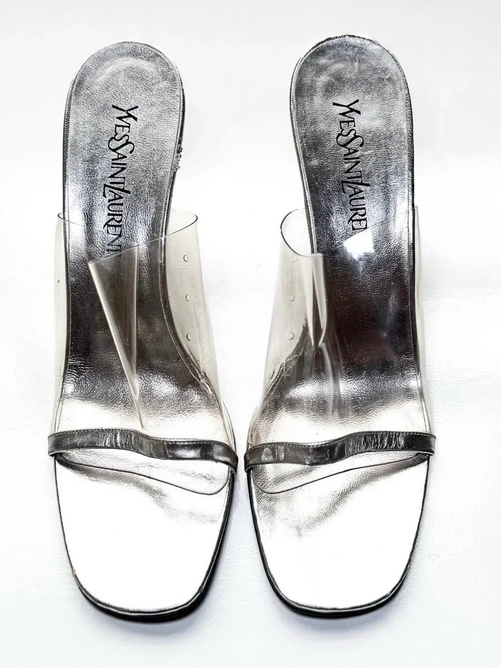 vintage Yves Saint Laurent silver and clear lucite mules with mirror finish